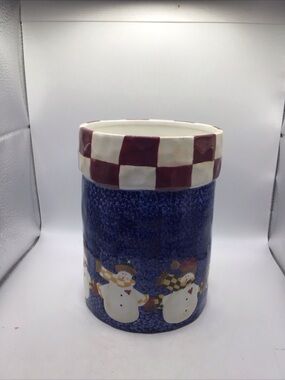 Blue Snowman Ceramic Utensil Crock with Red-Check Rim